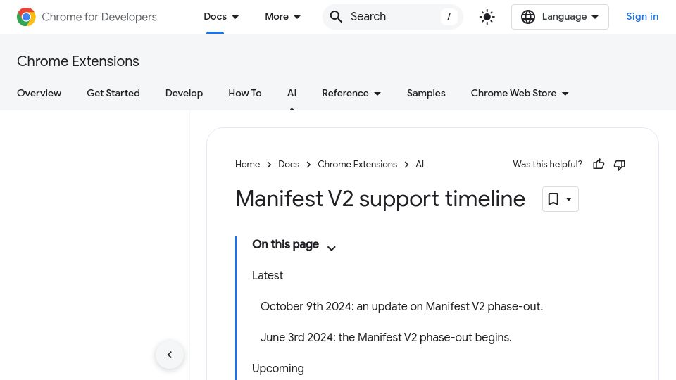 Screenshot of developer.chrome.com: "Begin disabling installed extensions still using Manifest V2 in Chrome stable"
