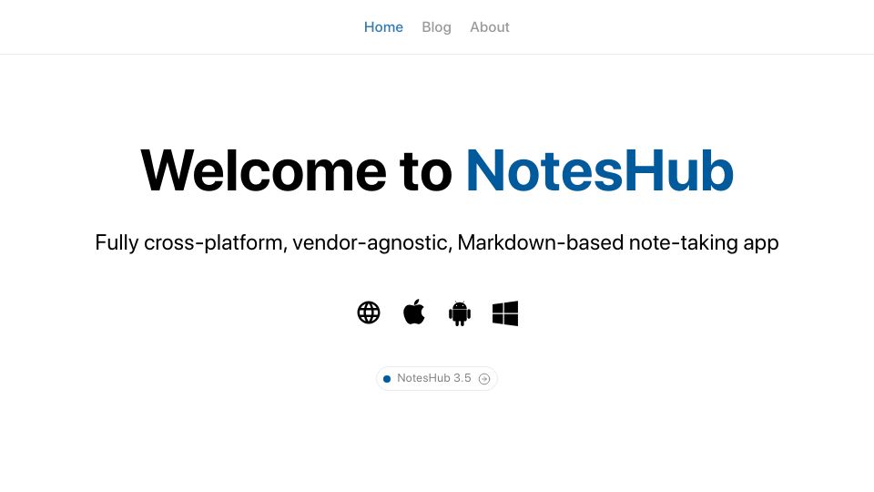 Screenshot of about.noteshub.app: Show HN: NotesHub: cross-platform, Markdown-based note-taking app