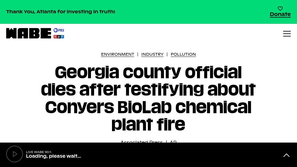 Screenshot of wabe.org: Georgia county official dies after testifying about BioLab chemical plant fire