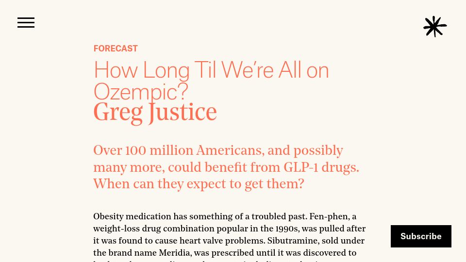 Screenshot of asteriskmag.com: How long til we're all on Ozempic?