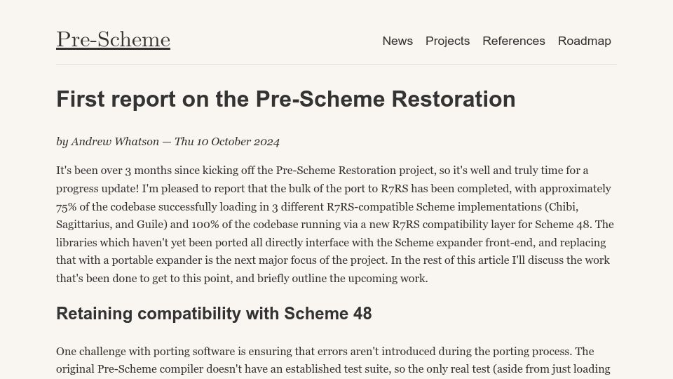 Screenshot of prescheme.org: First Report on the Pre-Scheme Restoration
