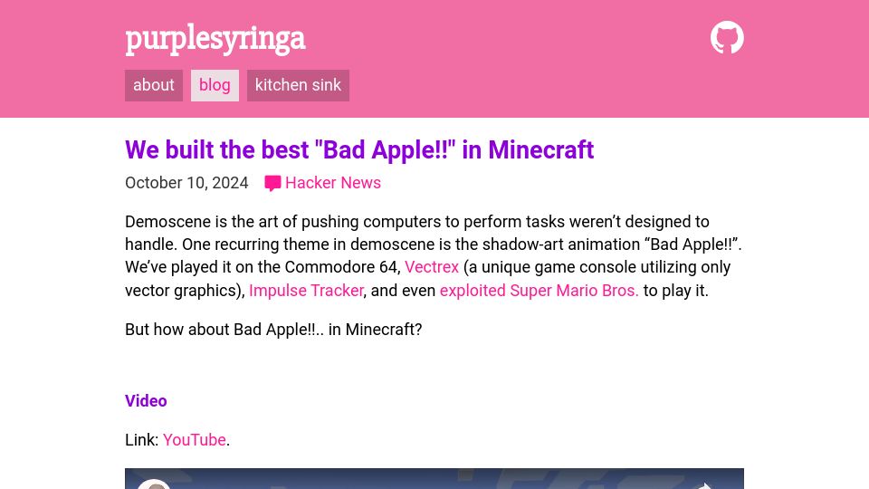Screenshot of purplesyringa.moe: “Bad Apple” in Minecraft