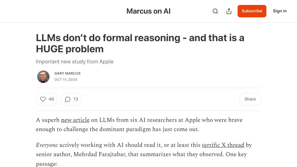 Screenshot of garymarcus.substack.com: LLMs don't do formal reasoning – and that is a HUGE problem