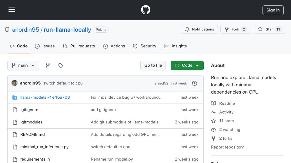 Screenshot of github.com: Run Llama locally with only PyTorch on CPU