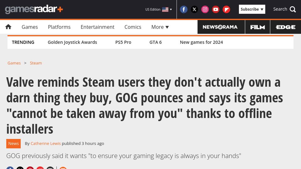 Screenshot of gamesradar.com: Valve says Steam users don't own a thing, GOG says its games can't be taken away