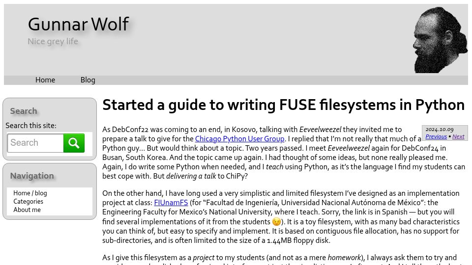 Screenshot of gwolf.org: Started a guide to writing FUSE filesystems in Python