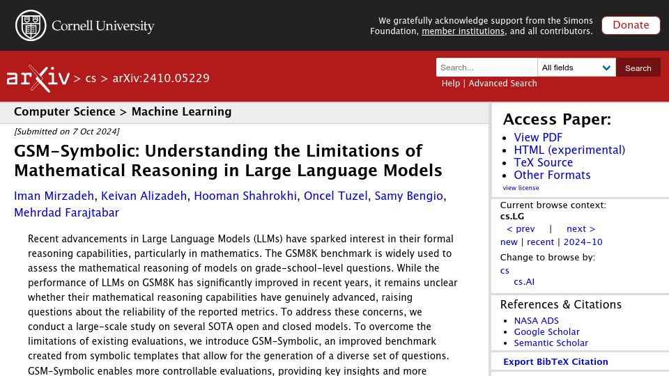 Screenshot of arxiv.org: Understanding the Limitations of Mathematical Reasoning in LLMs