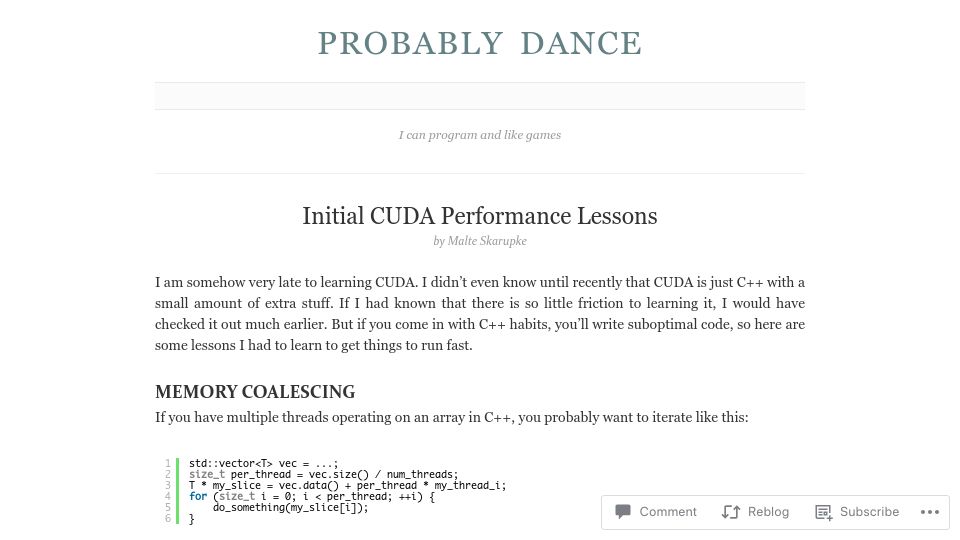 Screenshot of probablydance.com: Initial CUDA Performance Lessons