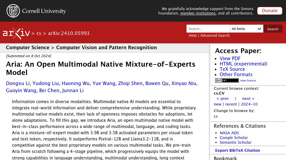 Screenshot of arxiv.org: ARIA: An Open Multimodal Native Mixture-of-Experts Model