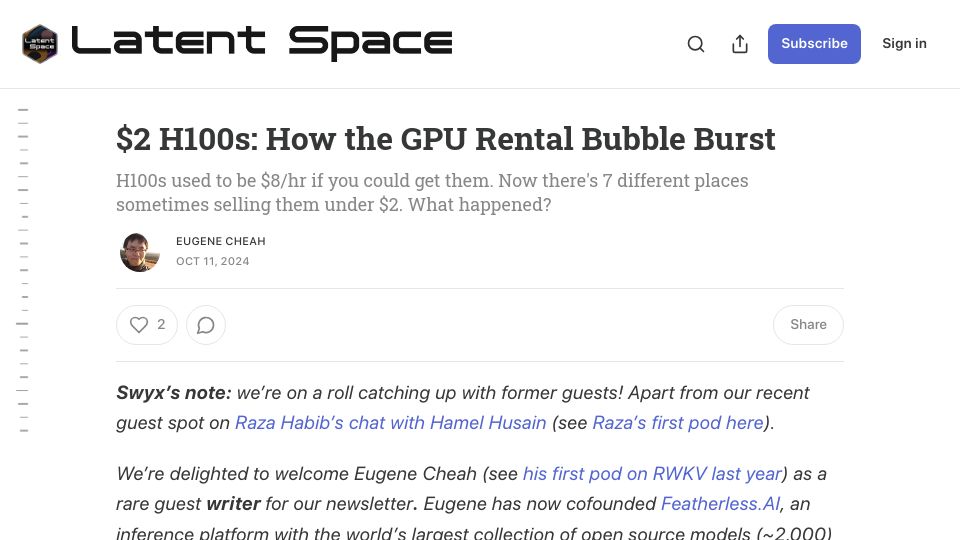 Screenshot of latent.space: $2 H100s: How the GPU Rental Bubble Burst