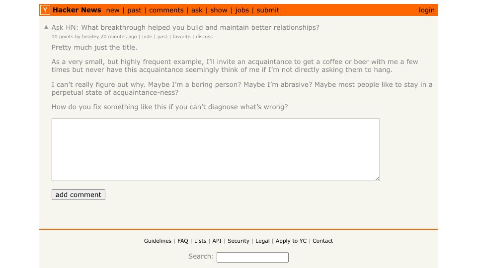 Screenshot of Hacker News post: Ask HN: What breakthrough helped you build and maintain better relationships?