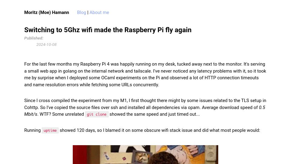 Screenshot of moritzhamann.com: Switching to 5Ghz WiFi made the Raspberry Pi fly again