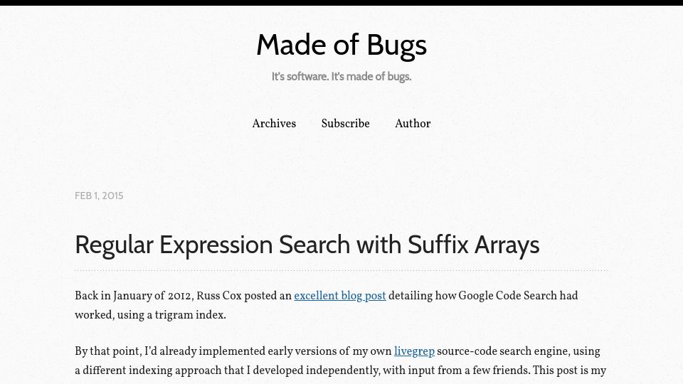 Screenshot of blog.nelhage.com: Regular expression search with suffix arrays (2015)