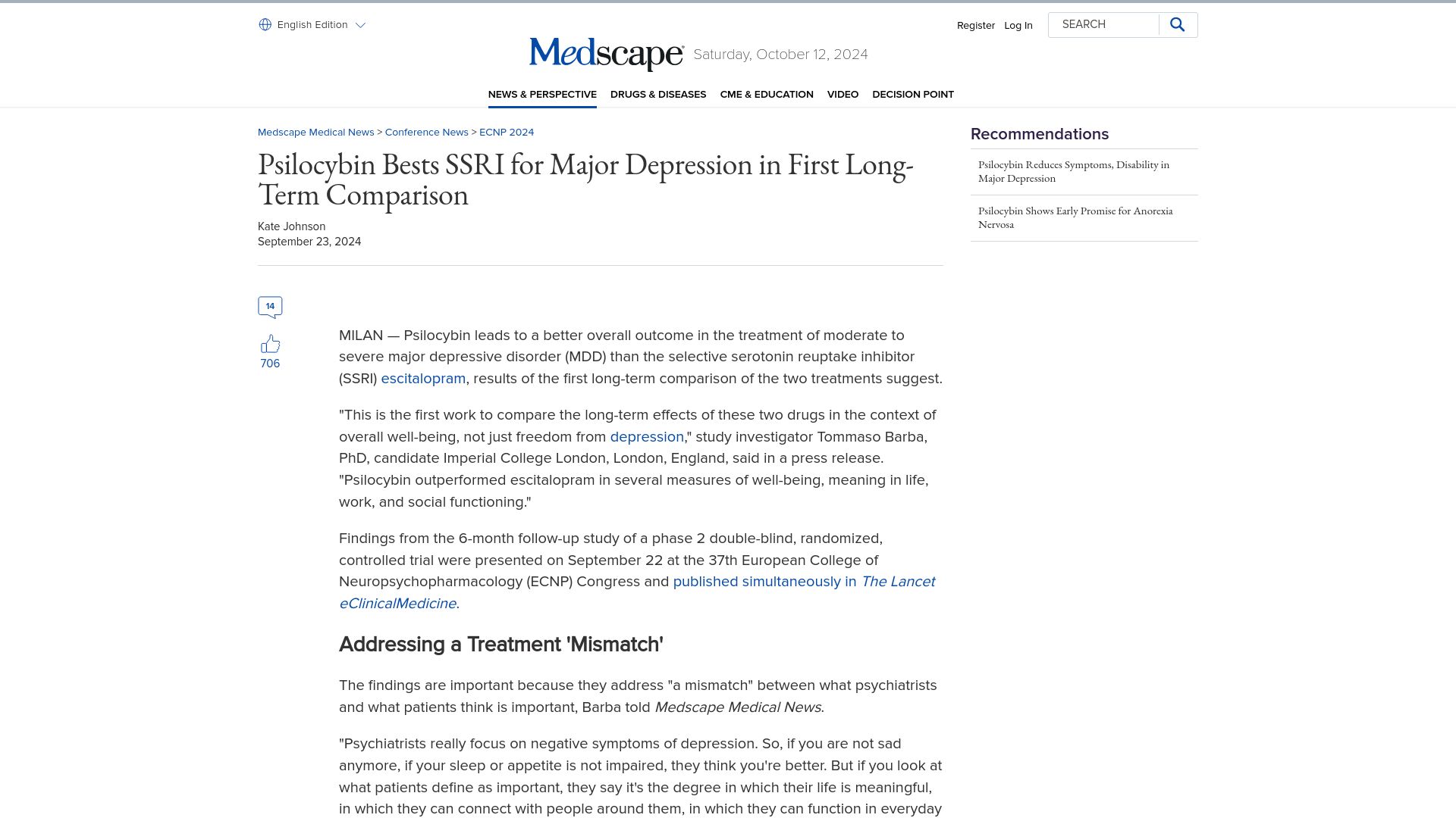 Screenshot of medscape.com: Psilocybin bests SSRI for major depression in first long-term comparison