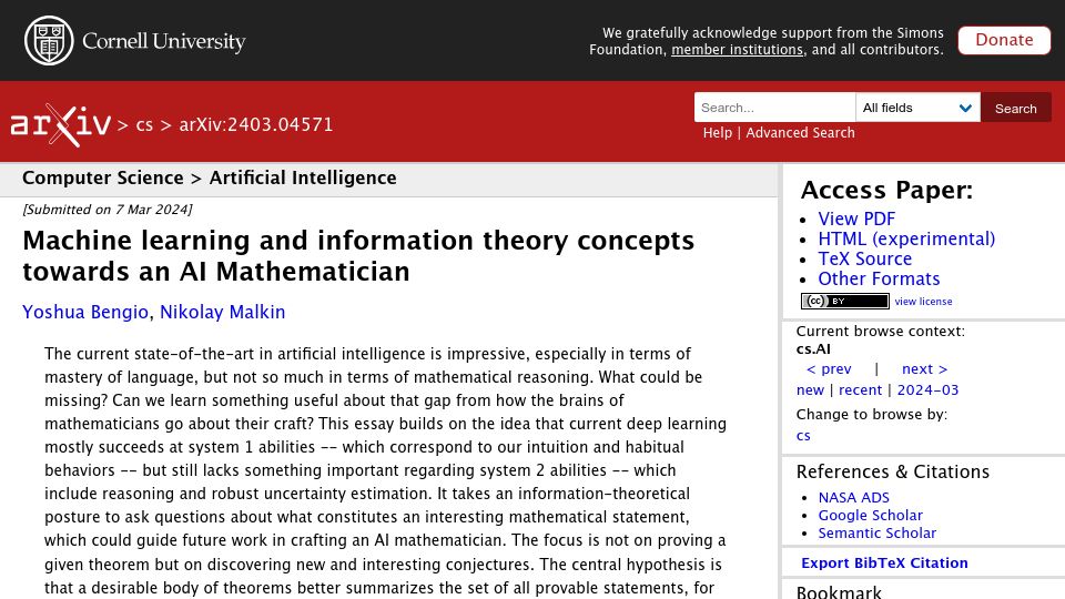 Screenshot of arxiv.org: Machine learning and information theory concepts towards an AI Mathematician