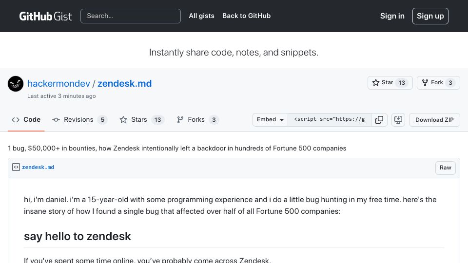 Screenshot of gist.github.com: 1 bug, $50k in bounties, a Zendesk backdoor
