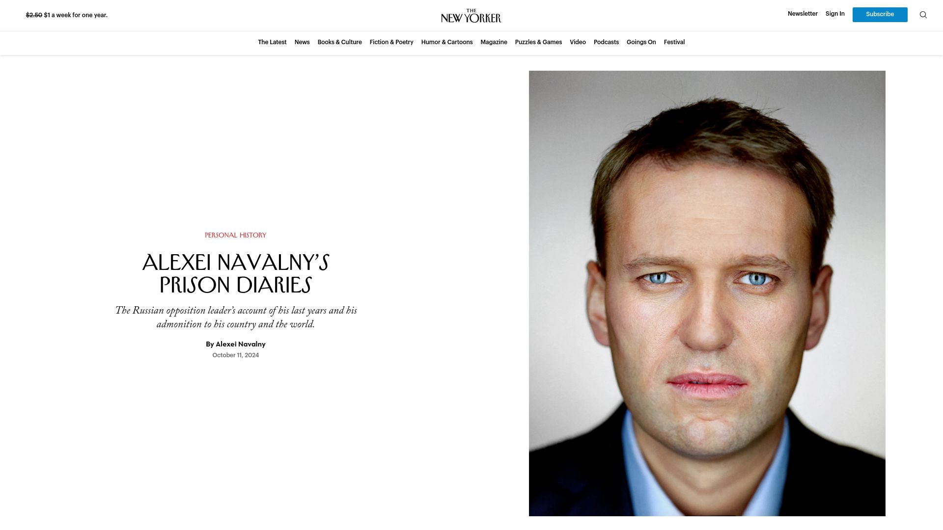 Screenshot of newyorker.com: Alexei Navalny's Prison Diaries