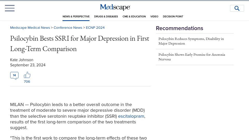 Screenshot of medscape.com: Psilocybin bests SSRI for major depression in first long-term comparison