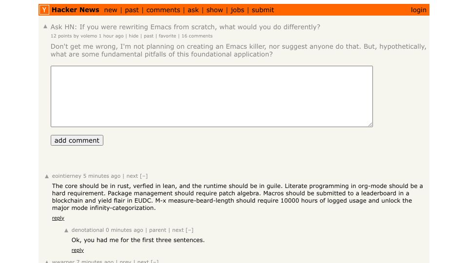 Screenshot of Hacker News post: Ask HN: If you were rewriting Emacs from scratch, what would you do differently?