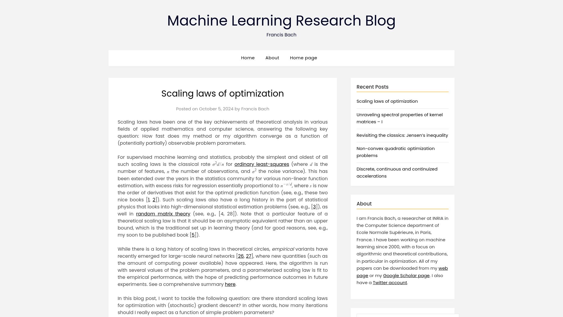 Screenshot of francisbach.com: Scaling Laws of Optimization