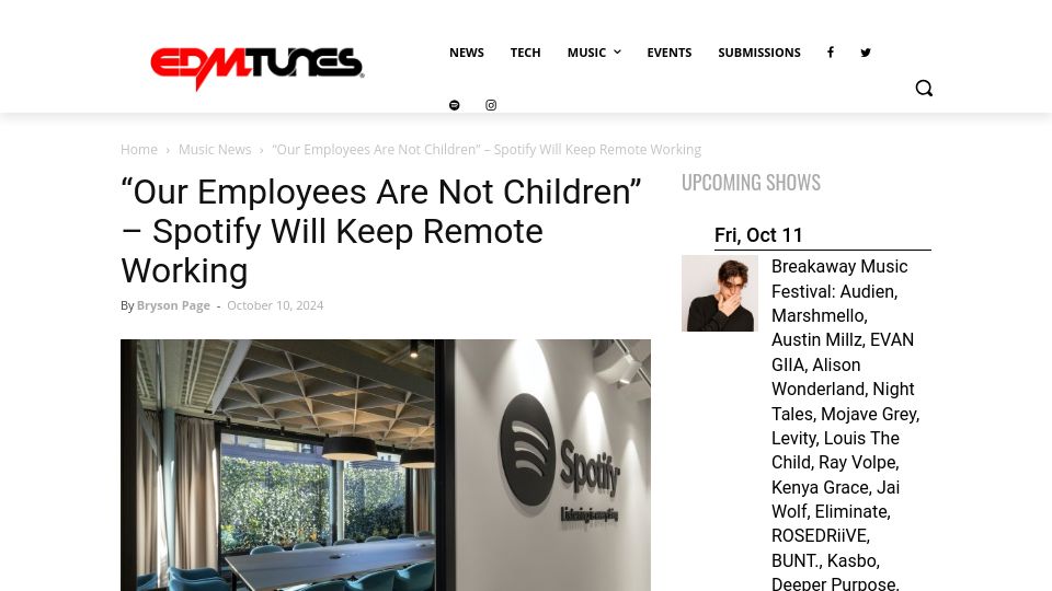 Screenshot of edmtunes.com: Spotify Will Keep Remote Working