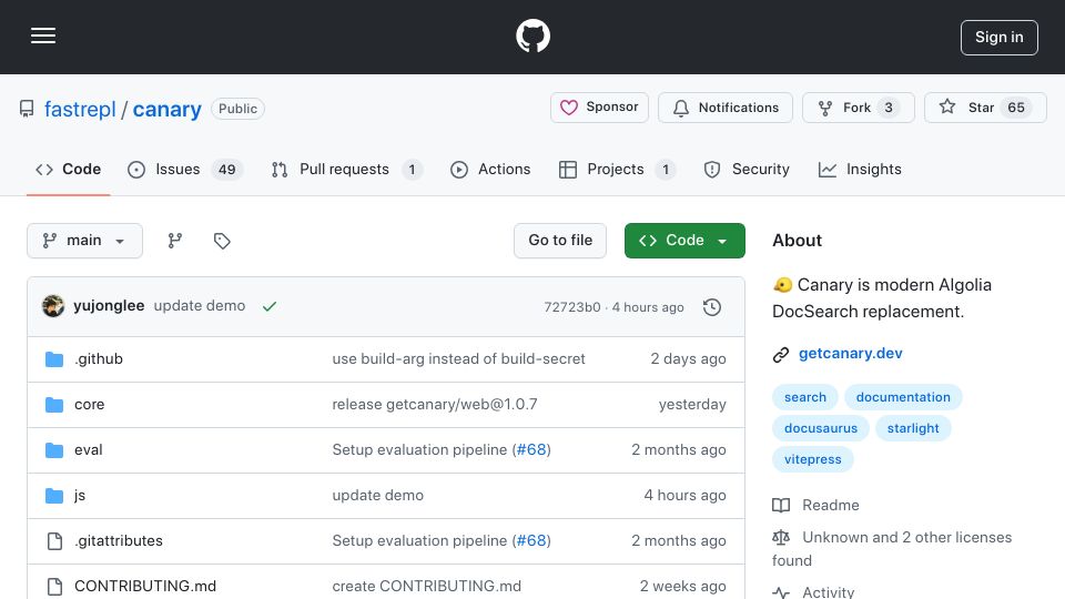 Screenshot of github.com: Show HN: Self-Hostable Algolia DocSearch Replacement