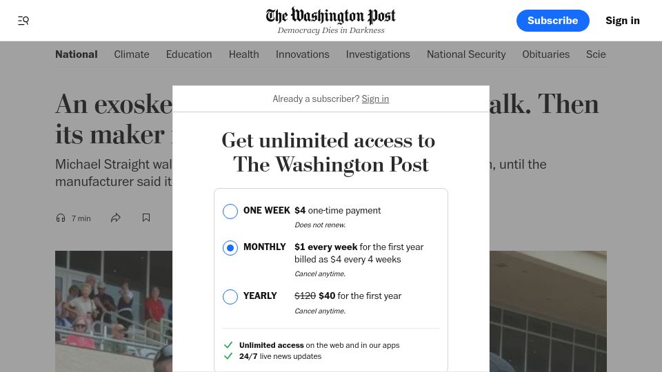 Screenshot of washingtonpost.com: An exoskeleton let a paralyzed man walk, then its maker refused repairs