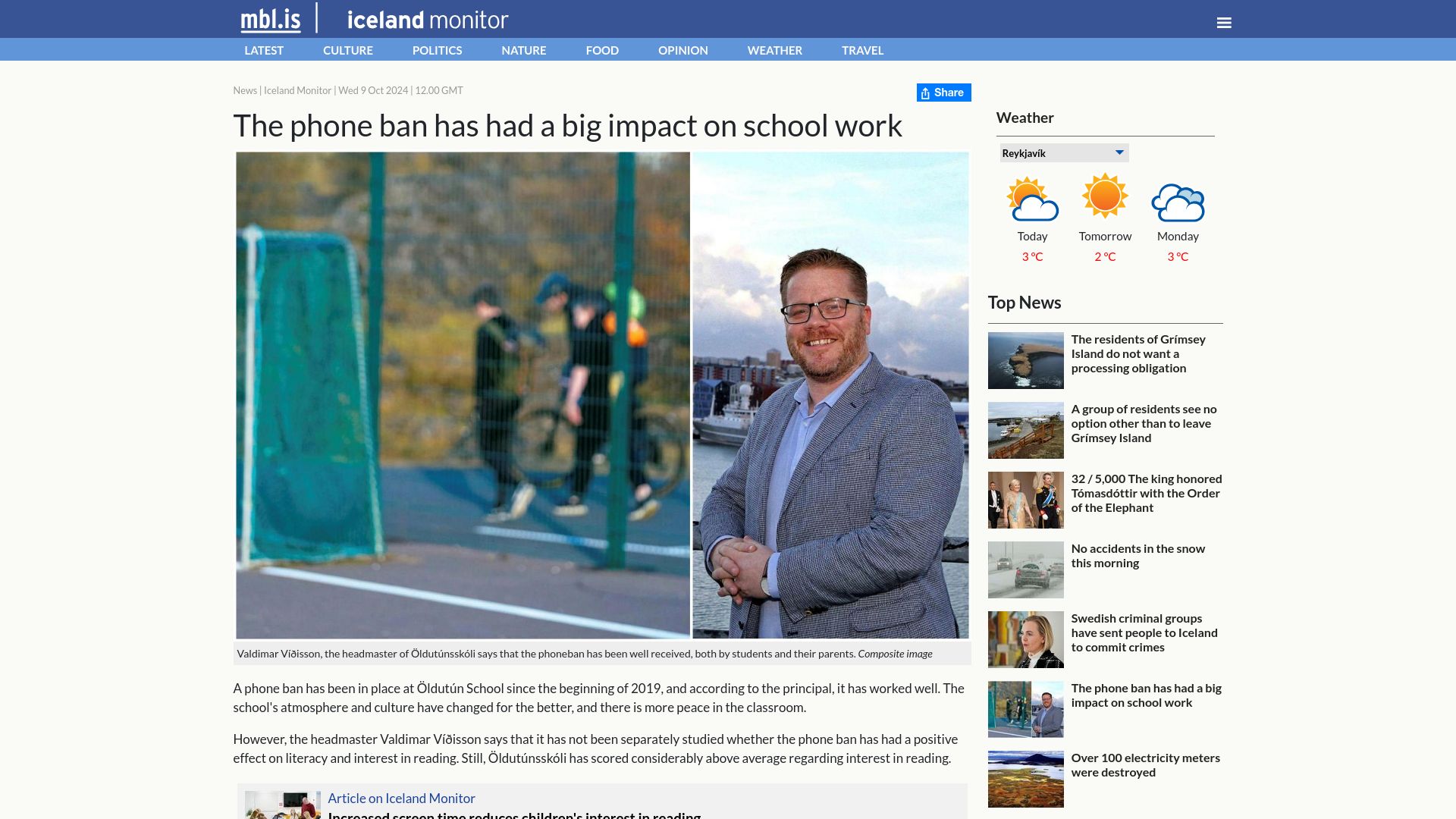 Screenshot of icelandmonitor.mbl.is: The phone ban has had a big impact on school work