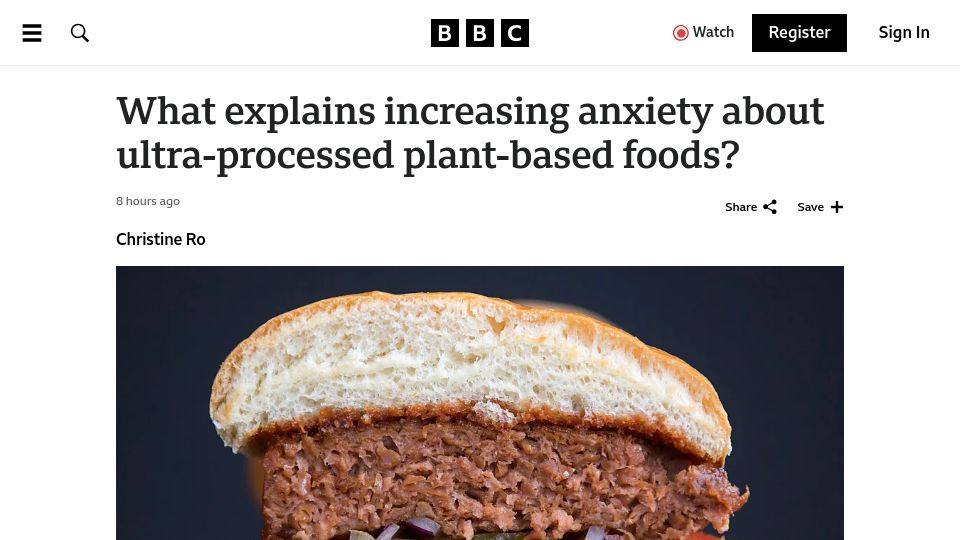 Screenshot of bbc.com: Does veganism have an ultra-processing problem?