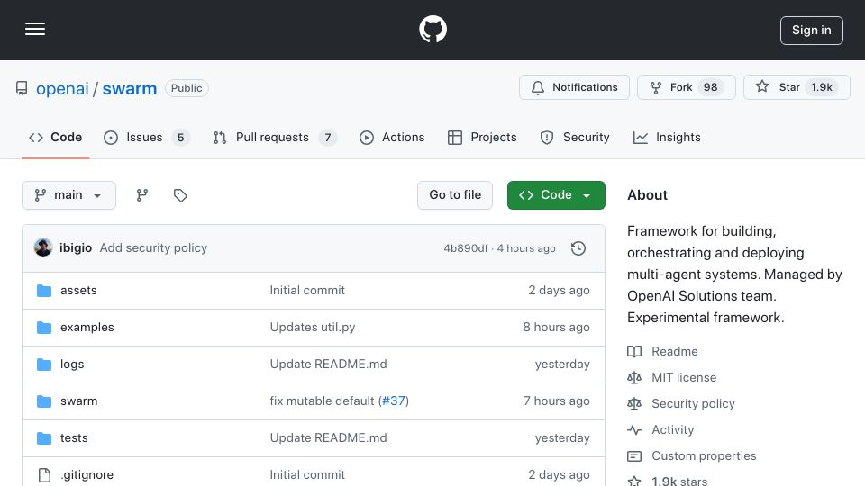 Screenshot of github.com: Swarm, a new agent framework by OpenAI