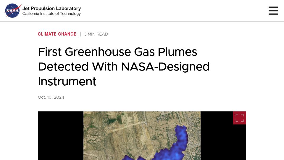 Screenshot of jpl.nasa.gov: First Greenhouse Gas Plumes Detected with NASA-Designed Instrument