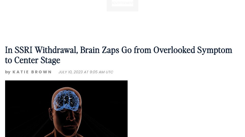 Screenshot of psychiatrist.com: In SSRI withdrawal, brain zaps go from overlooked symptom to center stage (2023)