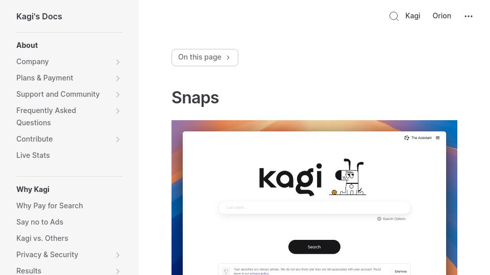 Screenshot of help.kagi.com: Kagi Snaps