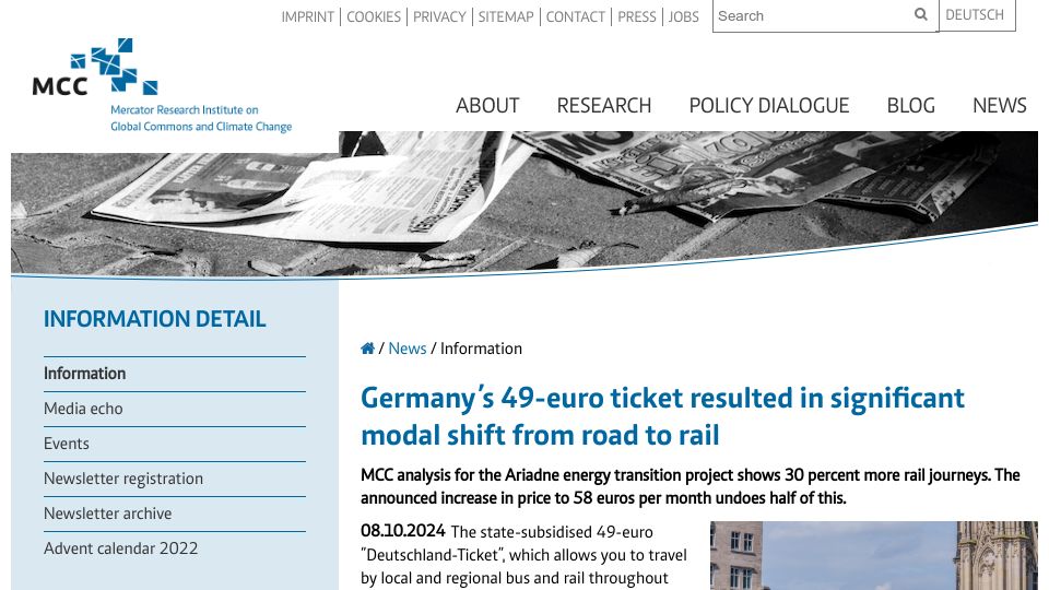 Screenshot of mcc-berlin.net: Germany's 49-euro ticket resulted in significant shift from road to rail