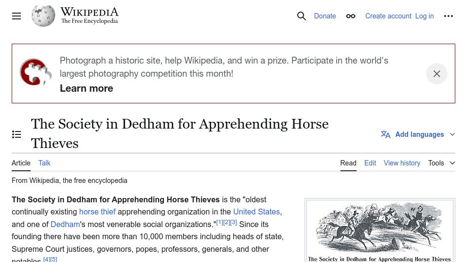 Screenshot of en.wikipedia.org: The Society in Dedham for Apprehending Horse Thieves