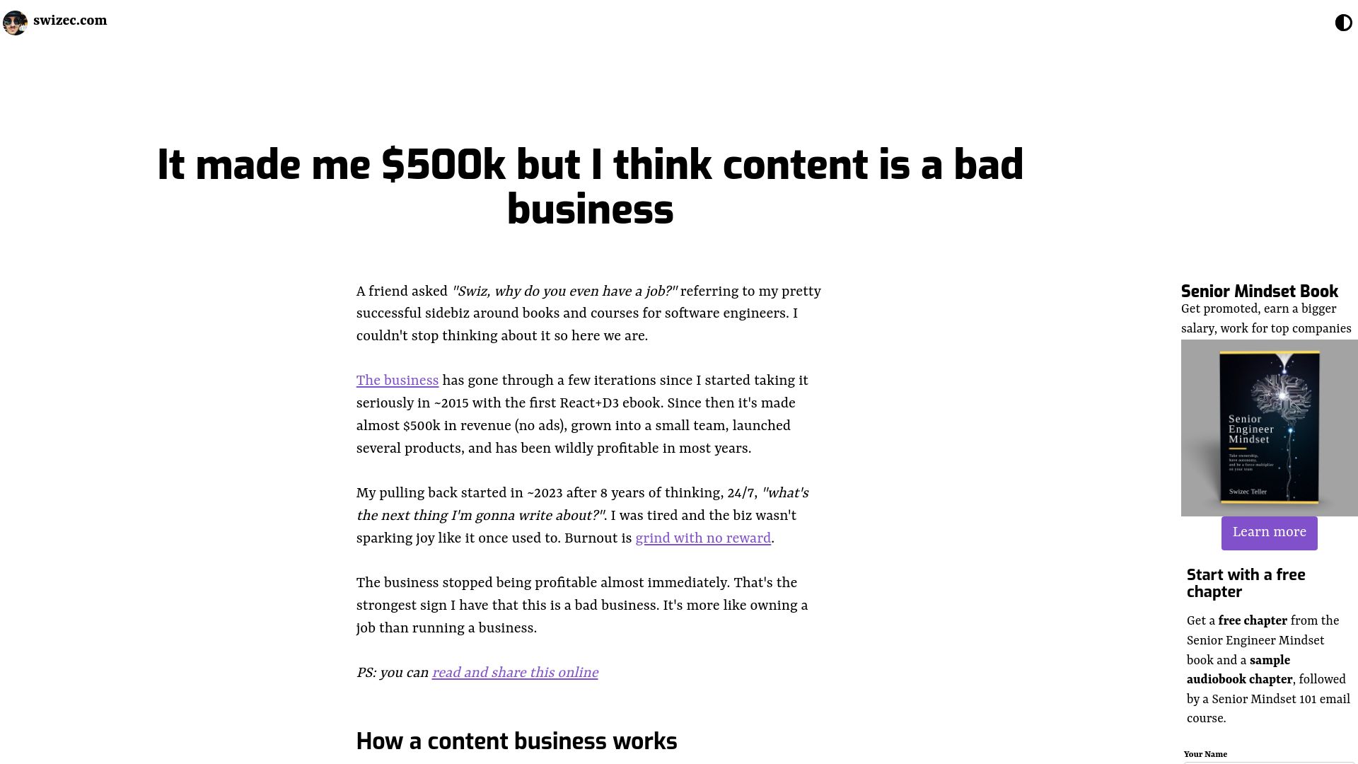 Screenshot of swizec.com: I think content is a bad business