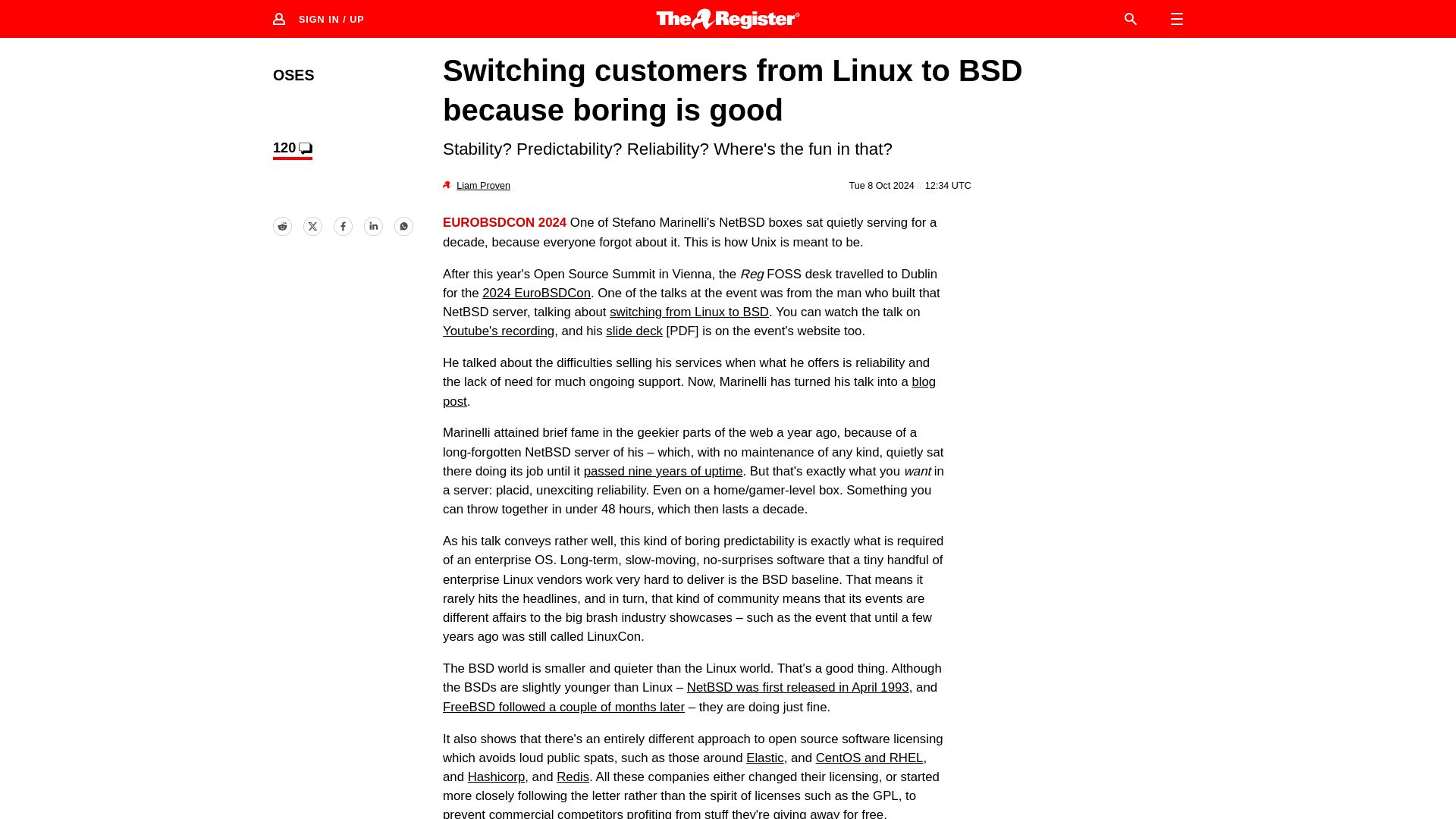 Screenshot of theregister.com: Switching customers from Linux to BSD because boring is good