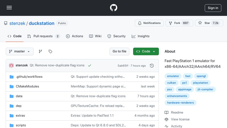 Screenshot of github.com: DuckStation