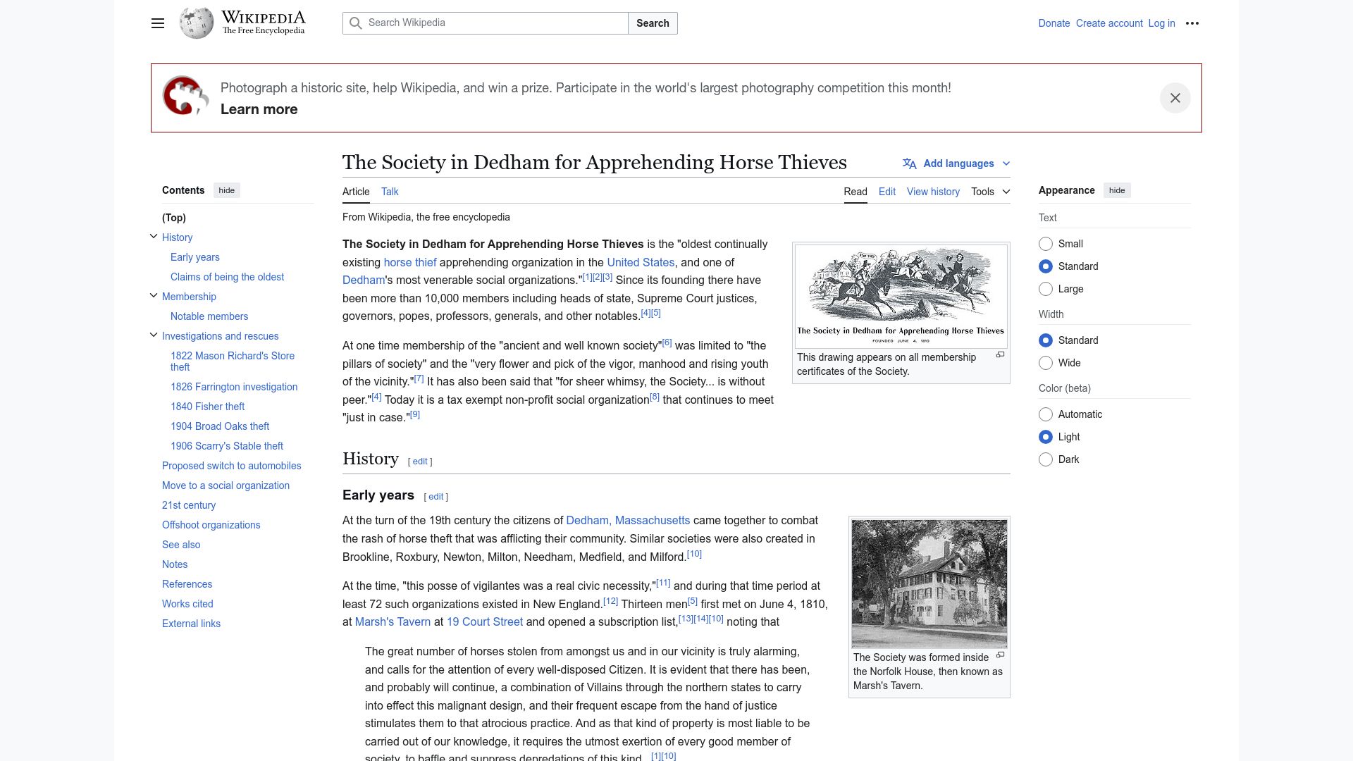 Screenshot of en.wikipedia.org: The Society in Dedham for Apprehending Horse Thieves