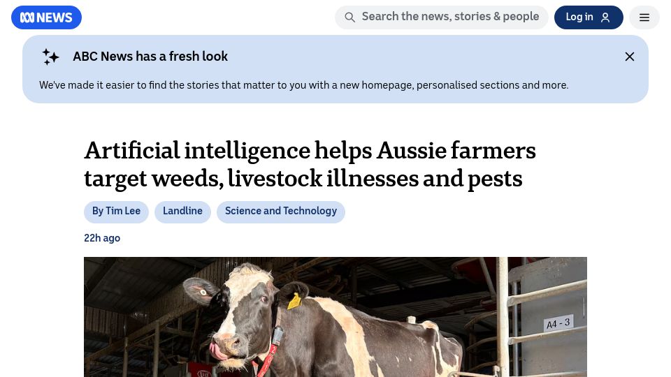 Screenshot of abc.net.au: AI helps farmers target weeds, livestock illnesses and pests
