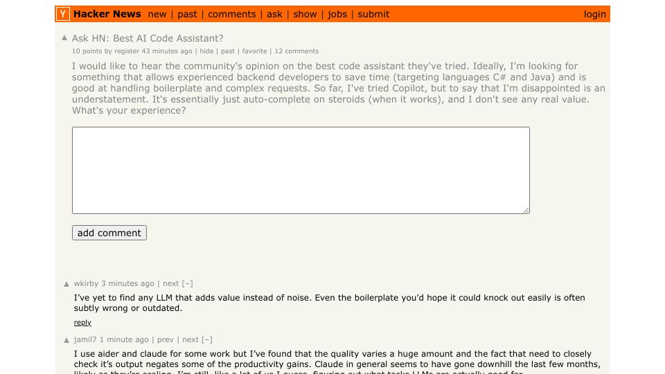 Screenshot of Hacker News post: Ask HN: Best AI Code Assistant?