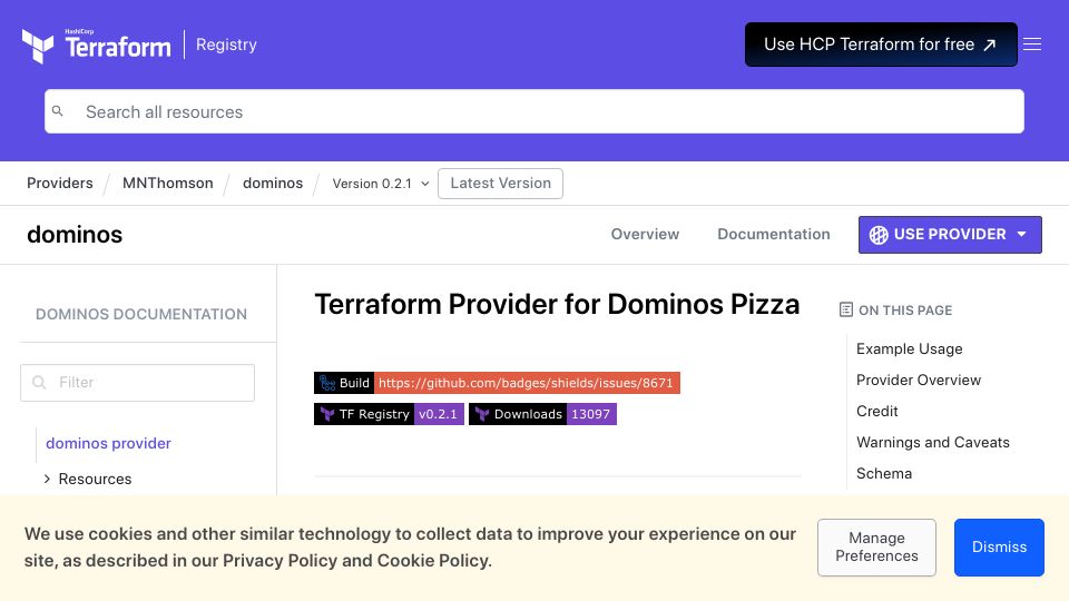 Screenshot of registry.terraform.io: Terraform Provider for Dominos Pizza