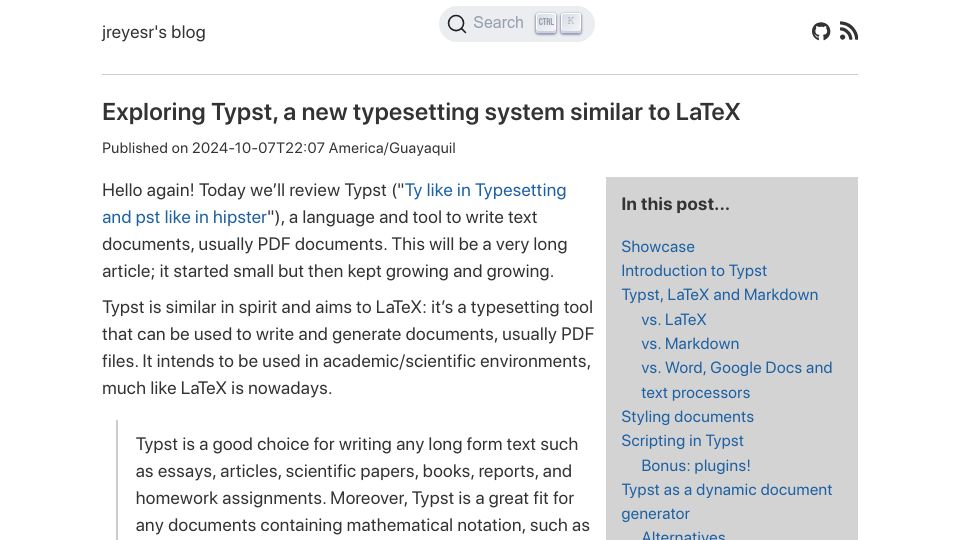 Screenshot of blog.jreyesr.com: Exploring Typst, a new typesetting system similar to LaTeX