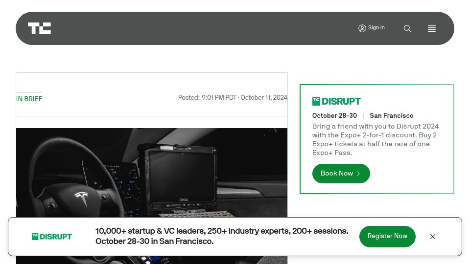 Screenshot of techcrunch.com: California police aren't loving their Tesla cop cars