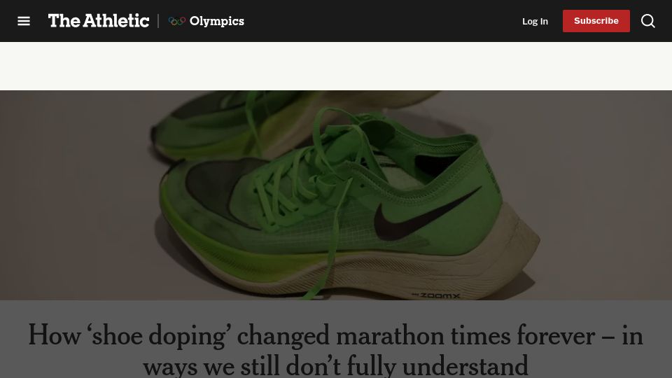 Screenshot of nytimes.com: 'Shoe doping' changed marathon times in ways we still don't understand