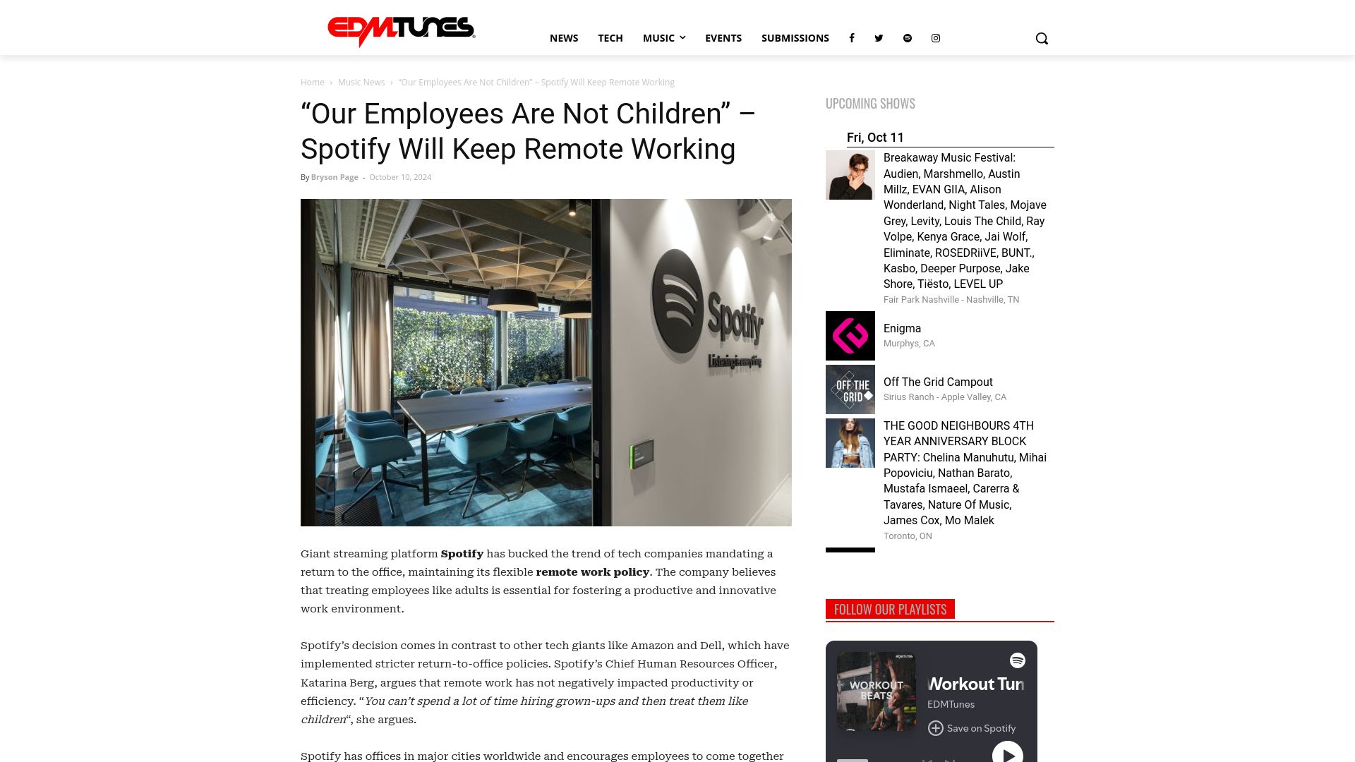 Screenshot of edmtunes.com: Spotify Will Keep Remote Working