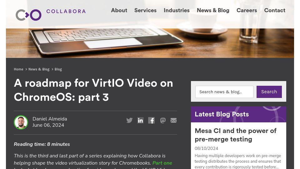 Screenshot of collabora.com: A roadmap for VirtIO Video on ChromeOS: part 3