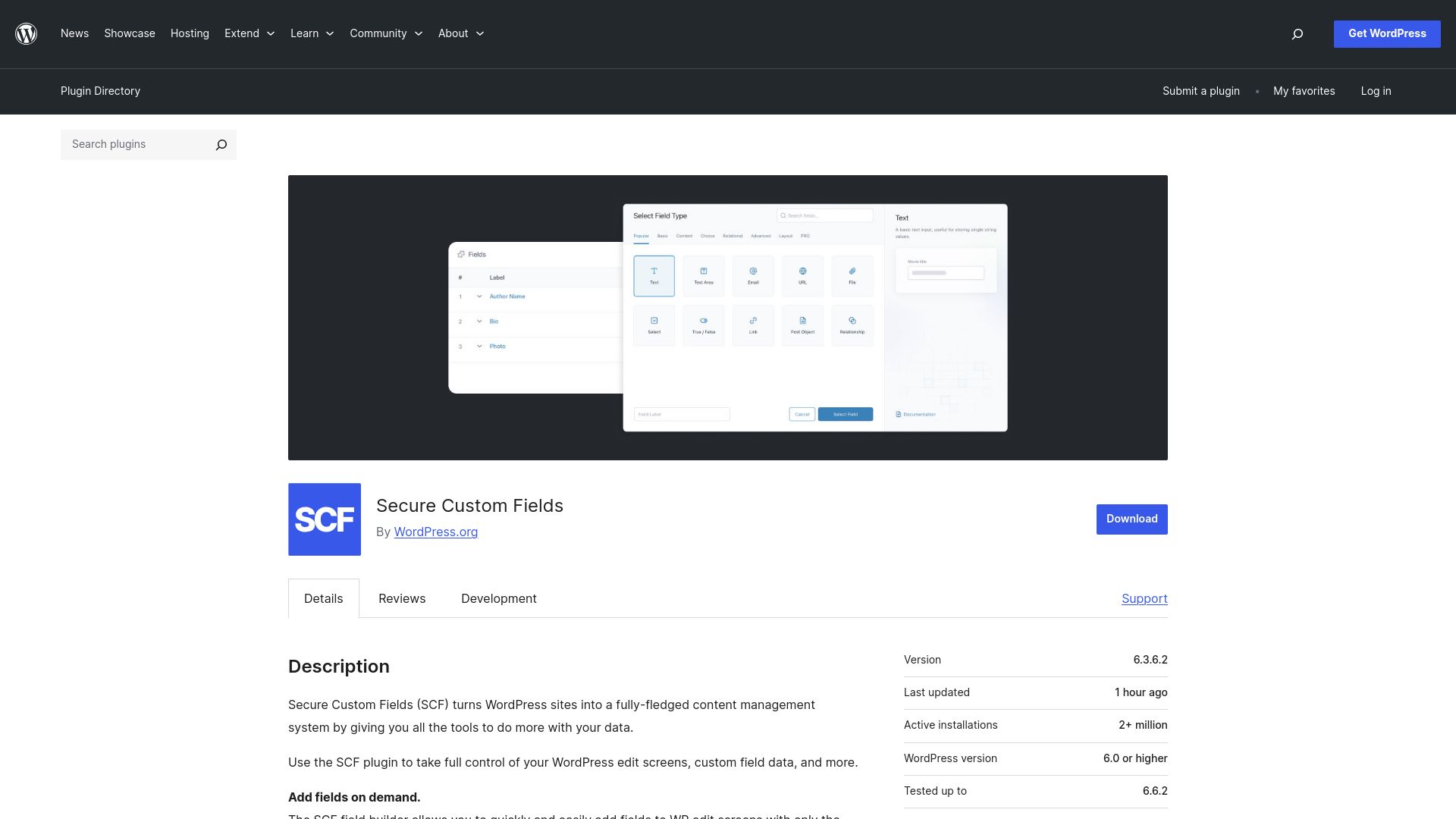 Screenshot of wordpress.org: Secure Custom Fields by WordPress.org