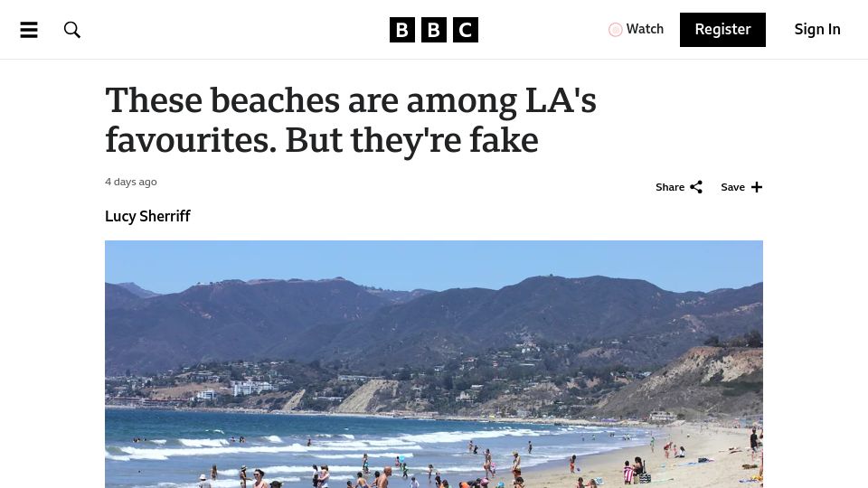 Screenshot of bbc.com: The revival of the beach in twentieth-century Los Angeles