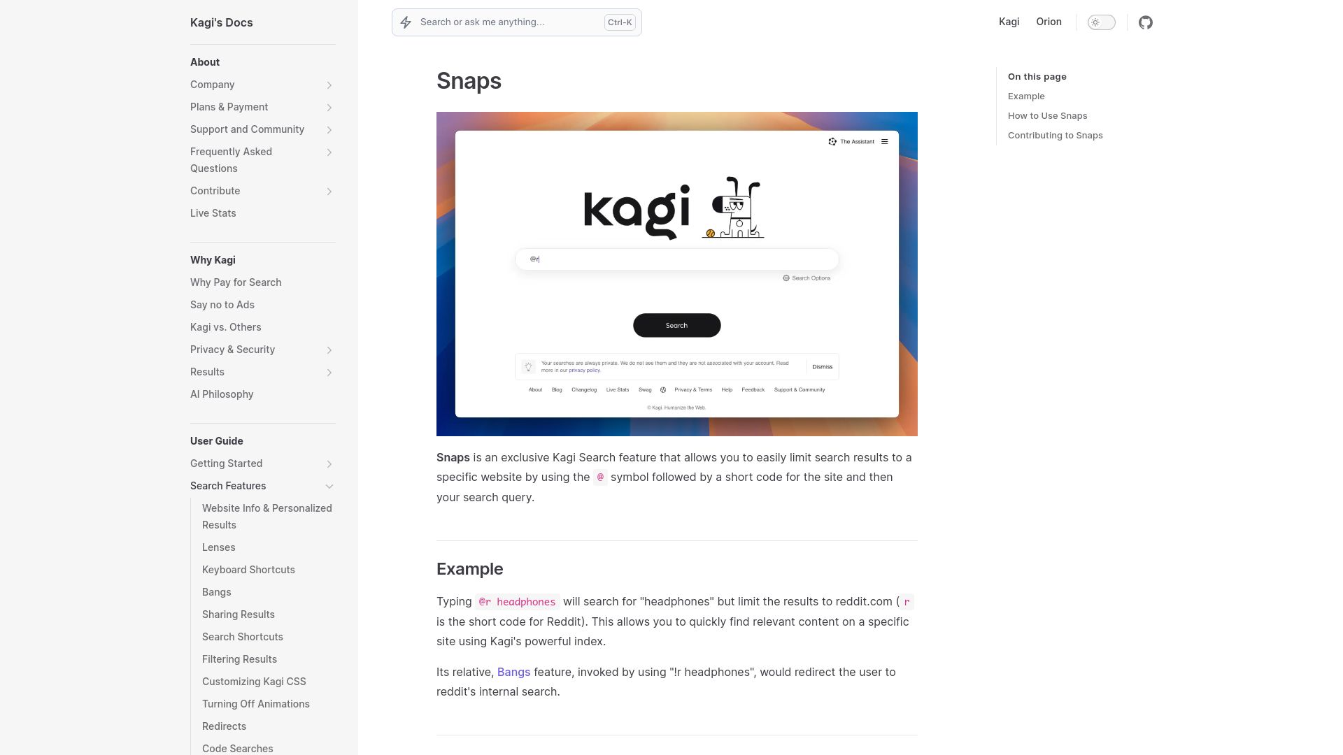 Screenshot of help.kagi.com: Kagi Snaps